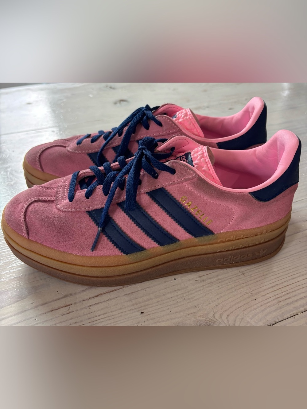 adidas Gazelle Suede Athletic Shoes in Pink & Navy with Gum Sole